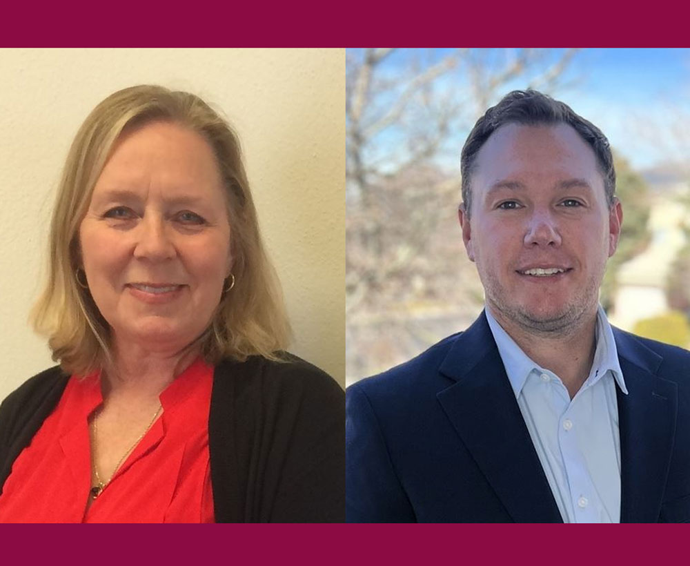 Side-by-side headshots of a smiling woman indoors and a smiling man outdoors, both in business attire.
