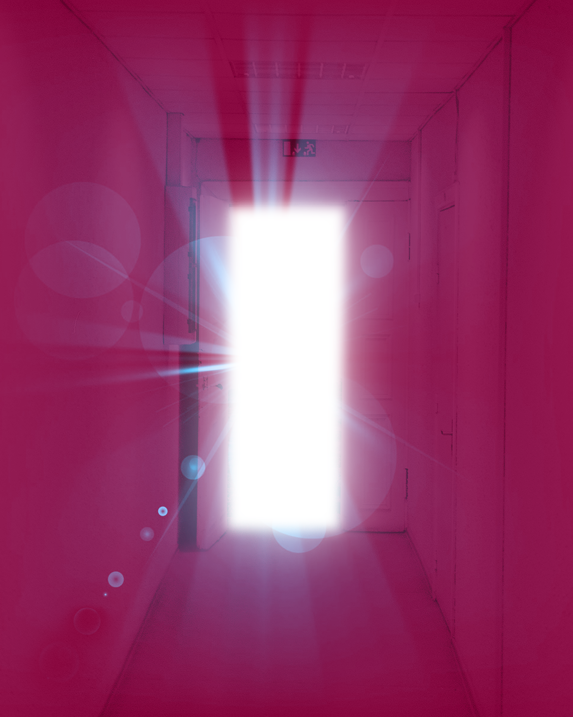 Pink-tinted hallway with an open door emitting a bright white glow and lens flare.