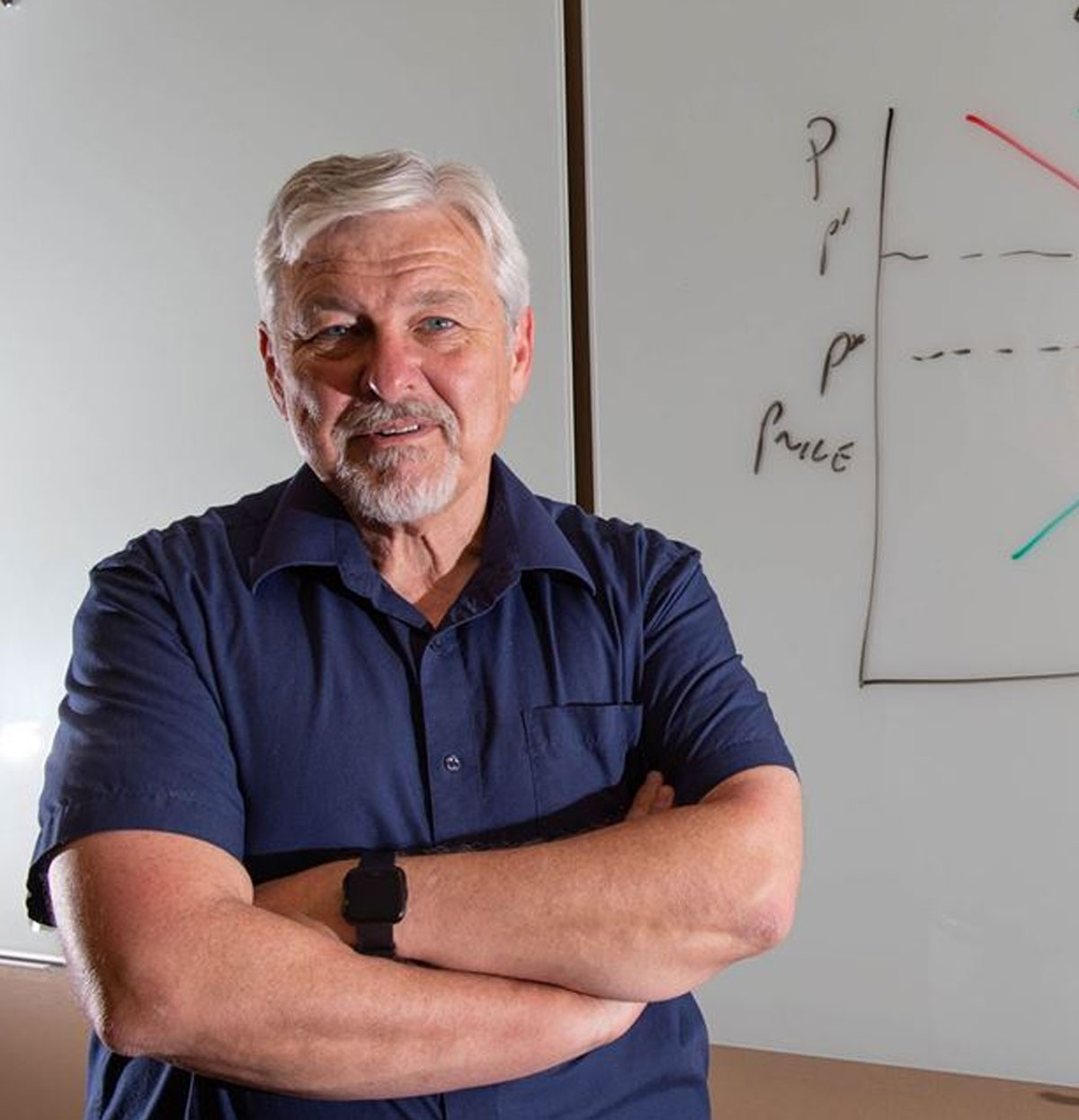 Older man with gray hair and a goatee, wearing a navy shirt with arms crossed, standing in front of a whiteboard with a simple graph and handwritten notes.