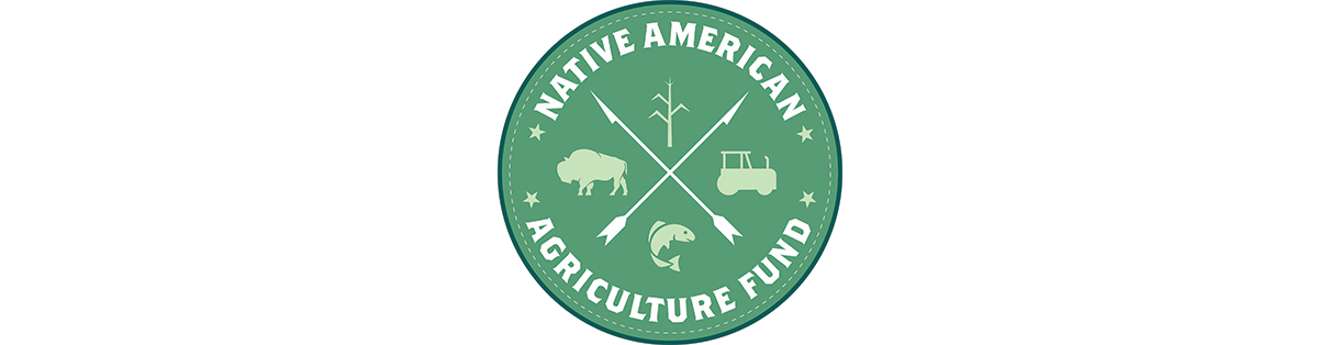 Logo of the Native American Agriculture Fund featuring agricultural symbols including a sheep, fish, tractor, and arrows arranged in a circular design.