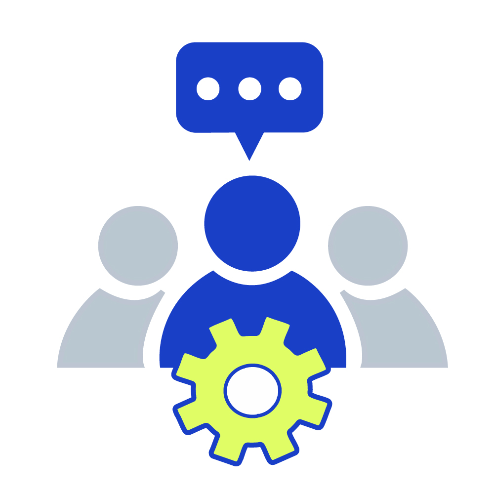 Illustration of a team with a central person, a speech bubble overhead, and a gear icon in front, suggesting collaborative support or settings management.