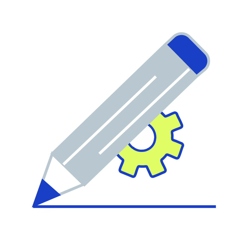 Illustration of a blue-and-gray pencil drawing a line, with a green gear icon behind it.