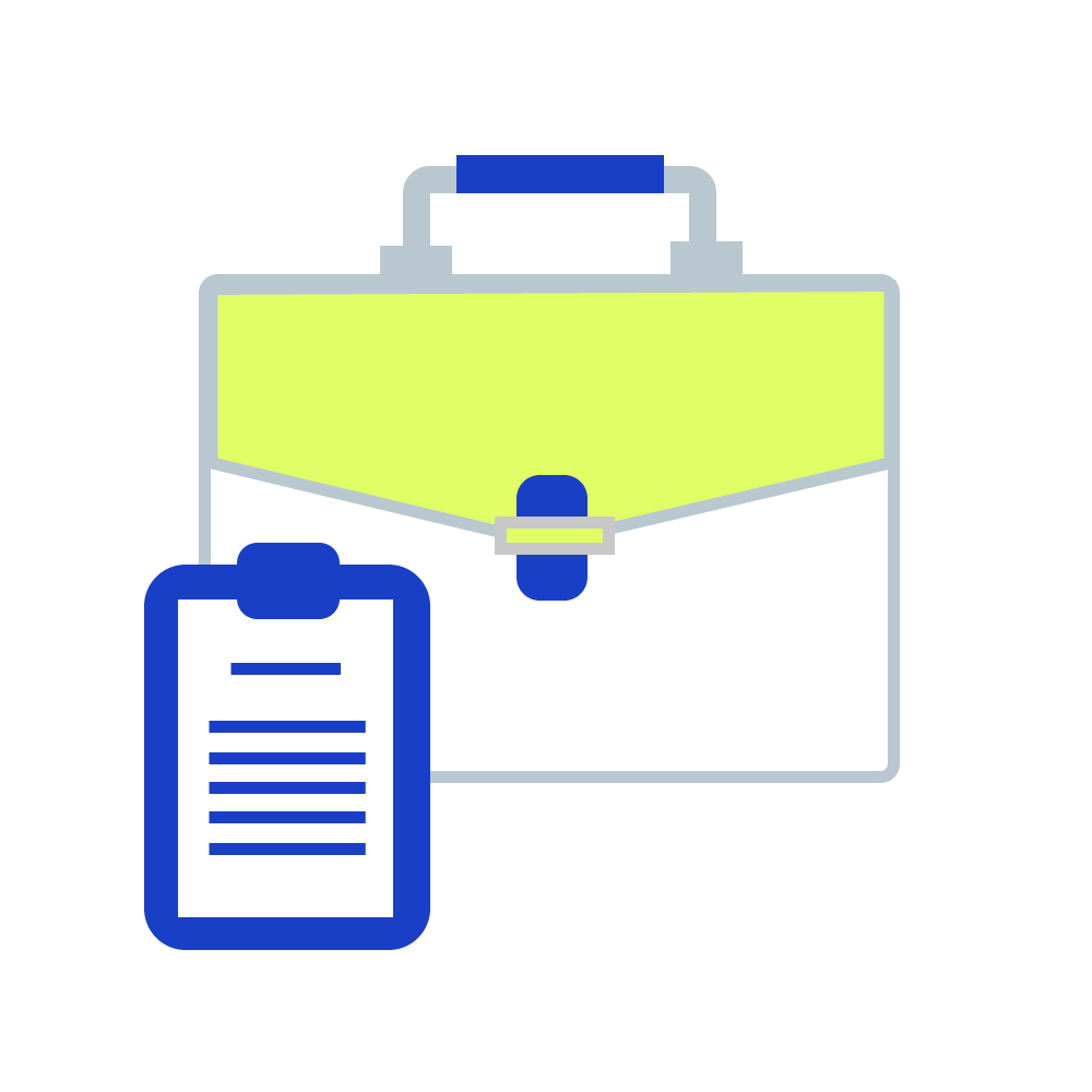 Illustration of a briefcase with a clipboard in front, representing work or business documents.