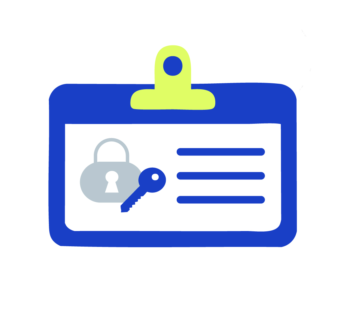 Illustration of an ID badge on a lanyard with a padlock and key icon, suggesting secure access or authentication.