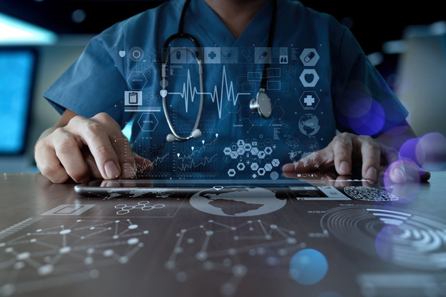 A medical professional interacts with a smartphone while surrounded by healthcare data visualizations.