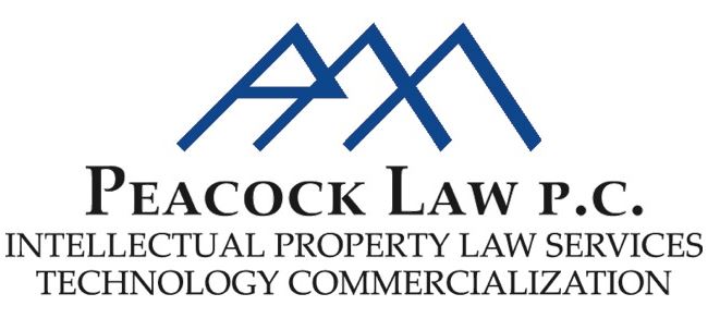 Logo for Peacock Law P.C., specializing in intellectual property law services and technology commercialization.